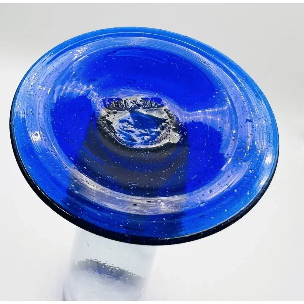 Vintage Mexican Hand Blown footed Glass Vase Cobalt Blue Rim & Base 9''